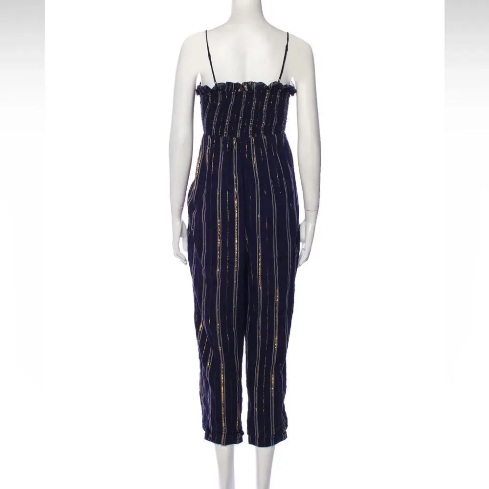 Apiece Apart Striped Square Neckline Jumpsuit Size Medium 8 Navy Blue - Picture 3 of 3